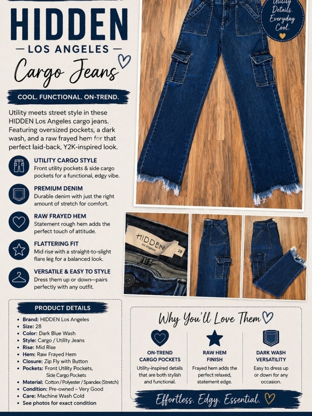 Dark Blue Wash Women's Cargo Bootcut Jeans